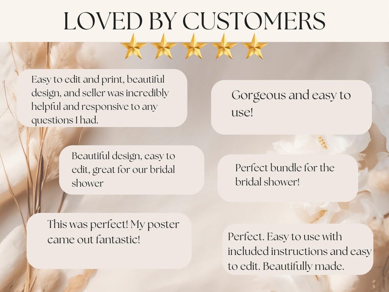 Customer review quotes are arranged in speech bubbles beneath five gold stars.