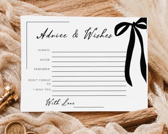 Advice and Wishes Card Black Bow, Bridal Shower Advice Cards, 5x3.5 Printable, 4 per US Letter, Editable Canva Template