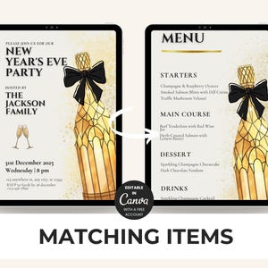 May include: Digital invitation and menu design for a New Year's Eve party. The design features a champagne bottle with a black bow. The invitation includes the text "New Year's Eve Party" and "The Jackson Family."
