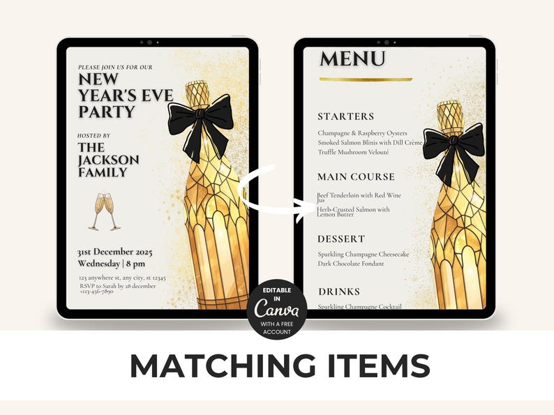 May include: Digital invitation and menu design for a New Year's Eve party. The design features a champagne bottle with a black bow. The invitation includes the text "New Year's Eve Party" and "The Jackson Family."