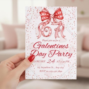 May include: A Galentine's Day Party invitation held by a hand. The invitation features a red bow and ribbons, with the text "Please join us for a Galentine's Day Party" and event details. The background is white with red heart confetti.