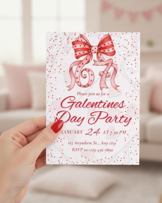 Galentines Day Invitation Template, 67 Galentine Party Invite | Canva Editable 5x7 & A5 | Front and Back Design | Printable Pink Bow Invite