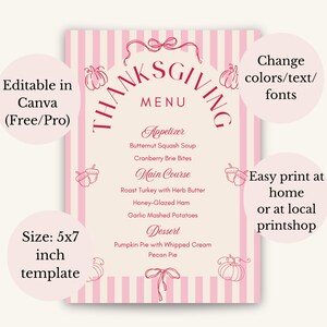Pu&ograve; includere: Modello di menu del Ringraziamento a righe rosa e bianche. Il menu comprende antipasti, piatti principali e dessert. Il testo "Thanksgiving Menu" &egrave; in alto. Il modello &egrave; di 12,7 x 17,8 cm ed &egrave; modificabile in Canva.