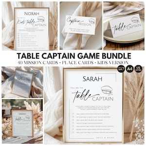 Puede incluir: Un paquete de juegos de mesa para bodas que incluye tarjetas blancas con texto en negro y una ilustración de gorra de capitán. Las tarjetas incluyen títulos como Table Captain y Captain Mission, con listas de tareas para los invitados, incluyendo los nombres Norah y Sarah.