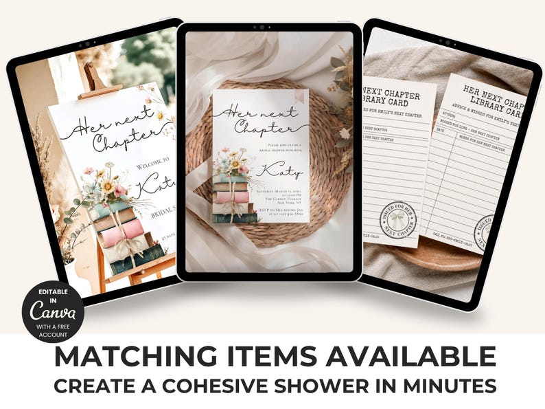 May include: Three digital tablet screens displaying bridal shower stationery templates. The designs feature a stack of books with floral accents and the text Her Next Chapter, Katy, and Library Card. The stationery includes invitation and card layouts.