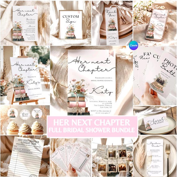 Her Next Chapter Bridal Shower Bundle, Editable Canva Template Set, Invitation Menu Welcome Sign Games, Book Theme Brunch Decor