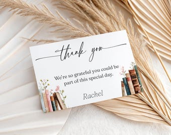 Book Themed Thank You Card, Bridal Shower Literary New Chapter Wildflower Editable Canva Template 5x3.5