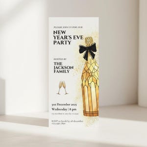 May include: New Year's Eve party invitation with a champagne bottle illustration. The invitation includes the text "PLEASE JOIN US FOR OUR NEW YEAR'S EVE PARTY" and details for the event hosted by The Jackson Family.