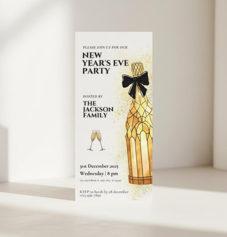 May include: New Year's Eve party invitation with a champagne bottle illustration. The invitation includes the text "PLEASE JOIN US FOR OUR NEW YEAR'S EVE PARTY" and details for the event hosted by The Jackson Family.