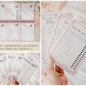 May include: A bundle of printed wedding game cards featuring pink decorative borders and black text. The cards include titles such as Would She Rather, Guess Who Said It, and Drink If, with various lists, checkboxes, and lip icons for guests to complete.