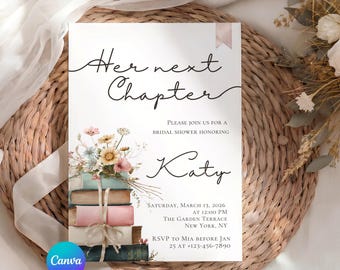 Her Next Chapter Bridal Shower Invitation, Book Themed Storybook Invite, Editable Canva Template