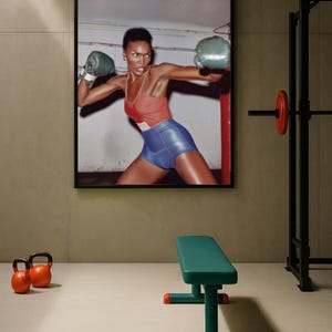 May include: A framed print of a woman in a boxing pose, wearing a red top, blue shorts, and green boxing gloves. The image is set in a gym with a green bench, kettlebells, and a weight rack.