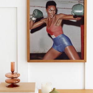May include: A framed print depicting a person in boxing gear. The person is wearing a red vest, blue shorts, and green boxing gloves. The image is set against a neutral backdrop, within a wooden frame.