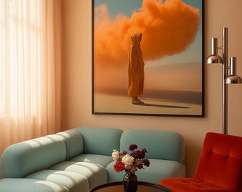 May include: A living room with a large framed artwork depicting a person in a yellow robe in a desert scene with orange clouds. The room includes a light blue sofa, a red chair, a black coffee table, and a chrome floor lamp.