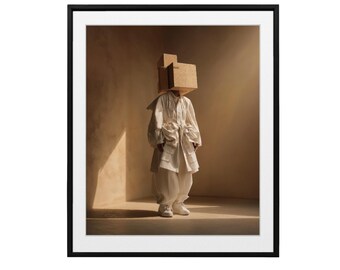 May include: A framed art print showing a person wearing white clothing and a cardboard box on their head. The person is in a beige room, with light creating shadows. The print has the text "HAUS & frame" at the bottom, with a black frame.