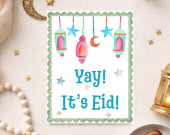 Kids Eid Mubarak Card with Message & Envelope, Islamic Greeting Card, Muslim Children Gift