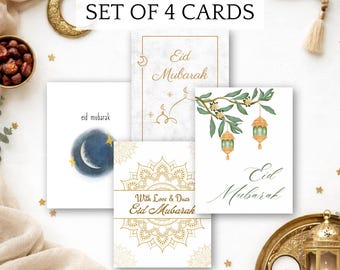 Eid Mubarak Cards (4-Pack) with Messages, Islamic Greeting Card Bundle, Envelopes Included, Muslim Gift