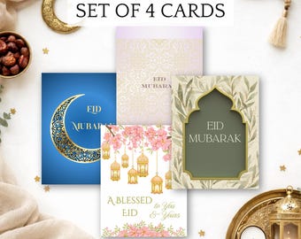 Eid Mubarak Cards Set (4-Pack) with Messages, Islamic Greeting Card Bundle, Envelopes Included, Muslim Gift