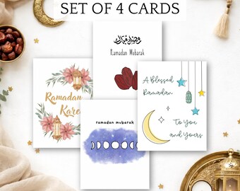 Ramadan Cards (4-Pack) with Messages, Islamic Greeting Card Bundle, Envelopes Included, Muslim Gift