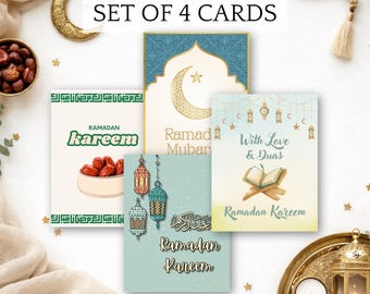 Ramadan Cards Set (4-Pack) with Messages, Islamic Greeting Card Bundle, Envelopes Included, Muslim Gift
