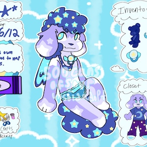 Puede incluir: Ilustración de un personaje de dibujos animados llamado Cosmo, una criatura morada con forma de perro con detalles de estrellas, de 4 años, cumpleaños 6/12. La imagen incluye un crayón morado, elementos de inventario y dos opciones de atuendo. El fondo es un cielo azul claro con nubes.