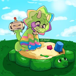 May include: A whimsical illustration of a green triceratops-like creature with rainbow accents, sitting on a turtle-shaped sandbox. A TV-headed character is attached to its tail. The scene is set on a grassy field under a blue sky.