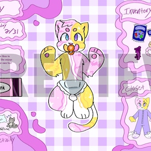May include: A digital illustration of a baby animal character named Gummy, wearing a nappy and sucking a dummy. The image is in pink and purple tones, with text boxes detailing age, birthday, and favourite items. The text "Light Pink" is visible.