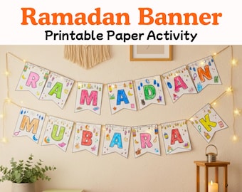 Ramadan Mubarak Bunting Flagge zum Ausdrucken | Wimpelkette zum Ausmalen für Kinder | DIY Ramadan Girlanden Dekoration | Sofort PDF Download
