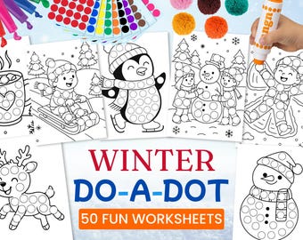 May include: Winter-themed dot marker worksheets featuring a snowman, penguin, and children playing in the snow. The cover displays the words "WINTER DO-A-DOT" and "50 FUN WORKSHEETS". Includes a variety of colourful dot stickers.