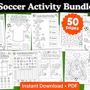 Pode incluir: Um pacote de atividades de futebol de 50 páginas em formato PDF com folhas de trabalho em preto e branco. Inclui caça-palavras, design de camisas, correspondência de jogadores, design de troféus, jogo da velha, gráficos e colorir.