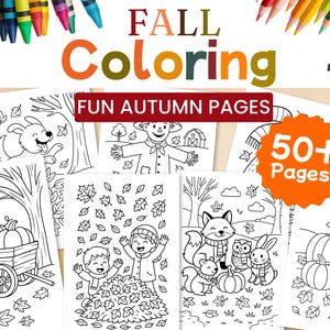 Könnte beinhalten: Ausmalbilder zum Thema Herbst mit Illustrationen von Kürbissen, einer Vogelscheuche und Tieren. Die Wörter "FALL Coloring" und "FUN AUTUMN PAGES" sind oben zu sehen. Ein orangefarbener Kreis zeigt "50+ Pages". Buntstifte und Farbe im Hintergrund.