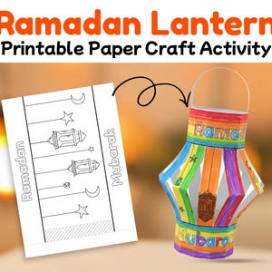 Puede incluir: Una colorida linterna de papel del Ramadán con las palabras "Ramadan Lantern Printable Paper Craft Activity" en la parte superior. La linterna está decorada con rayas de arcoíris y las palabras "Ramadan Mubarak". También se muestra una manualidad de papel imprimible en blanco y negro.