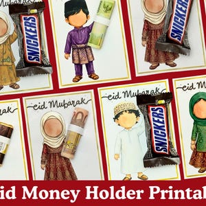 Könnte beinhalten: Illustrierte Karten mit Kindern, die gerolltes Geld und Snickers-Riegel halten. Die Karten tragen den Text "Eid Mubarak" und "Eid Money Holder Printable" in einem roten Banner am unteren Rand.