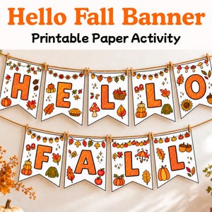 Może przedstawiać: Baner papierowy do druku z napisem Hello Fall, gdzie każda litera znajduje się na oddzielnym białym proporczyku. Projekt zawiera kolorowe ilustracje dyń, jesiennych liści, żołędzi, grzybów, słoneczników i swetrów na sznurku.