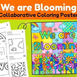 Op de afbeelding: Een collaboratieve kleurposter met de woorden "We are Blooming" in grote, kleurrijke letters. De poster heeft een rasterontwerp met bloemen, vlinders en een regenboog. Er zijn verschillende instructiebladen inbegrepen.