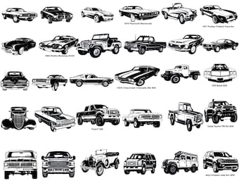 Puede incluir: Ilustraciones en blanco y negro de coches clásicos, incluyendo un Shelby Mustang GT350 de 1966, un Plymouth Barracuda de 1970 y un Ford F-250. La colección presenta varios modelos de coches, incluyendo camiones y SUV.