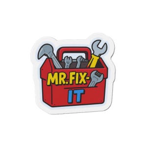 May include: A red toolbox sticker with the words "MR. FIX IT" in yellow and blue. The toolbox contains various silver wrenches and tools. The sticker has a white border.
