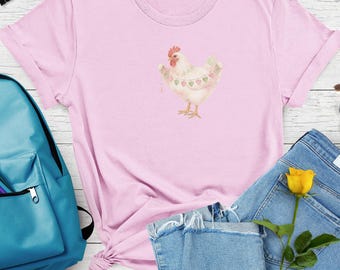 Watercolor Cottage Core Chicken T-Shirt | Comfort Colors Tee with Heart Banner