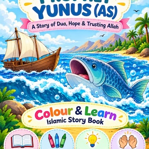 May include: A colourful children's book cover titled The Story of Prophet Yunus (AS) featuring a wooden sailing ship on blue ocean waves, a large blue fish, and a sunny beach. The cover includes text, four circular icons, and NoorDeenStudio branding.