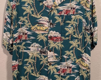 UTILITY Brand Large Classic Car Palm Tree Beach Hawaiian Button Down Blue Unisex Adult Shirt
