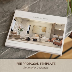 Puede incluir: Una plantilla de propuesta de tarifas blanca para diseñadores de interiores, con un diseño de sala de estar. La portada dice "HOME & HAVEN DESIGNS" y "FEE PROPOSAL TEMPLATE for Interior Designers". La plantilla está sobre una superficie de mármol.