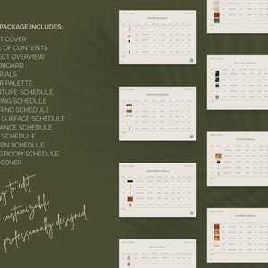 K&ouml;nnte beinhalten: Ein digitales Innenarchitekturpaket mit gr&uuml;nem Hintergrund. Das Paket enth&auml;lt ein Deckblatt, Inhaltsverzeichnis, Projekt&uuml;bersicht, Moodboard und verschiedene Zeitpl&auml;ne. Der Text auf dem Bild lautet "leicht zu bearbeiten, voll anpassbar, professionell gestaltet."