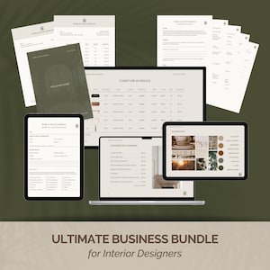 Pode incluir: Uma coleção de modelos digitais para negócios de design de interiores, incluindo guia de boas-vindas, cronograma de móveis, questionário de cliente, resumo de taxas e moodboard em laptop, tablet e documentos da Home & Haven Designs.