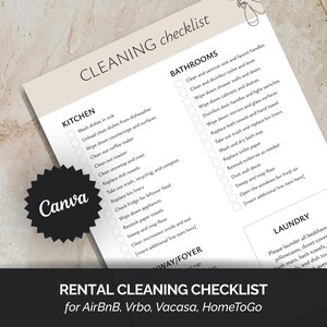 May include: A printed rental cleaning checklist featuring sections for the kitchen, bathrooms, and laundry. The document includes checkboxes for tasks like washing dishes, cleaning appliances, and sanitising surfaces. A black Canva logo is visible.