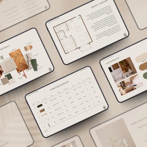 K&ouml;nnte beinhalten: Mehrere digitale Tablets zeigen Details zu Innenarchitekturprojekten. Die Bildschirme zeigen Materialien, Grundrisse, Farbpaletten und M&ouml;belpl&auml;ne. Die Tablets sind auf einer neutral get&ouml;nten Oberfl&auml;che angeordnet, mit dem Text "HOME & HAVEN DESIGNS".