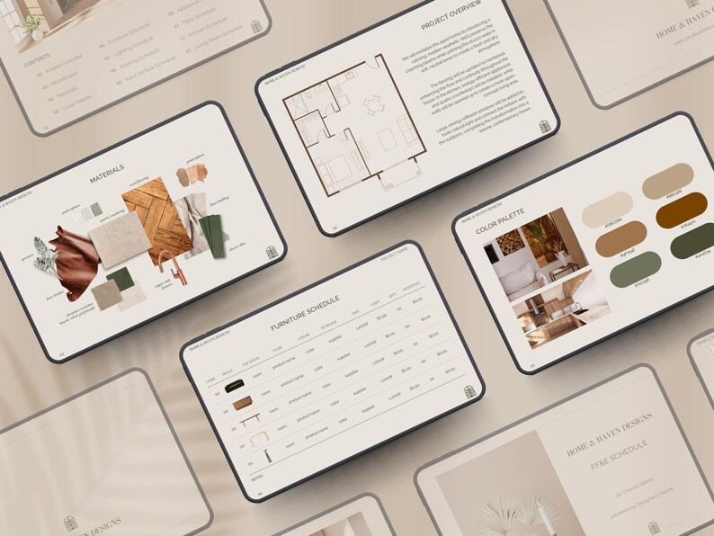 K&ouml;nnte beinhalten: Mehrere digitale Tablets zeigen Details zu Innenarchitekturprojekten. Die Bildschirme zeigen Materialien, Grundrisse, Farbpaletten und M&ouml;belpl&auml;ne. Die Tablets sind auf einer neutral get&ouml;nten Oberfl&auml;che angeordnet, mit dem Text "HOME & HAVEN DESIGNS".