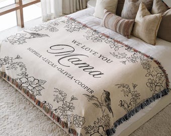 Personalized Mama Blanket with Kids Names, Mothers day Group Gift, Floral Sentimental Gift Mom Birthday Gift, Custom Family Blanket