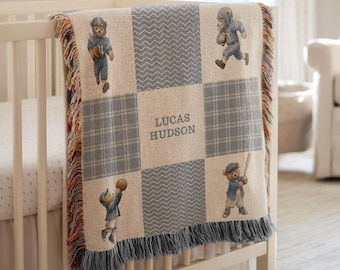 Personalized Blue Teddy Bear Sports Boy Nursery Blanket, Custom Name Bear Blanket, Newborn Custom Name Throw, Baseball, Football, Basketball