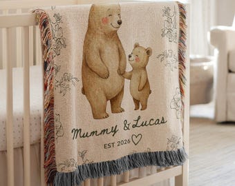 Personalized Green Teddy Bear Woodland Boy Nursery Blanket, Custom Name Bear Blanket, Newborn Custom Name Throw