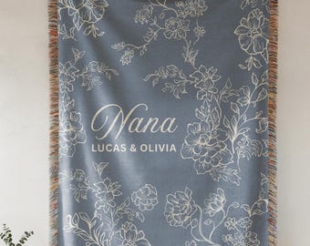 Personalized Blue Floral Blanket for Grandma, Group Gift from Grandkids, Nana Blanket with Kids Names, Grandma Birthday Gift